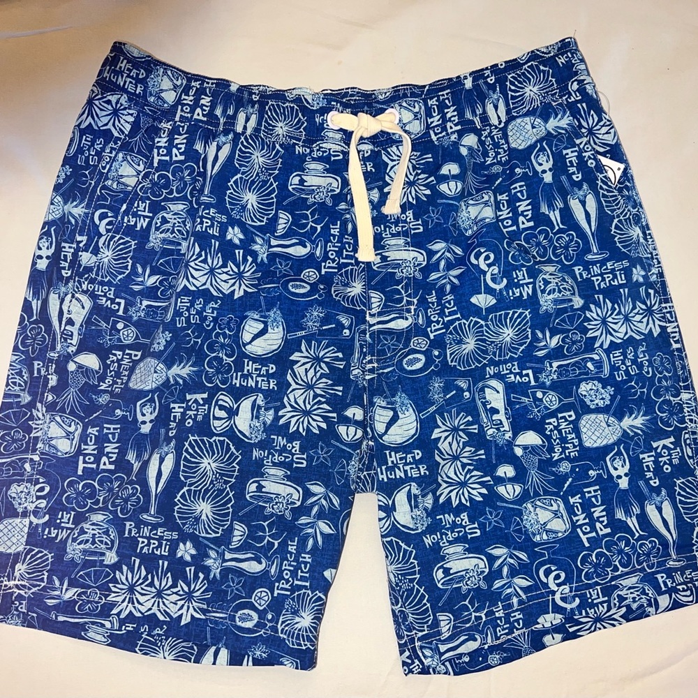 $89 Johnnie O SCORPION BOWL Small Blue Tropical Print Full Elastic Swim Trunks